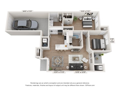 Floor plan for 2 beds, 2 baths, 1112 sqft
